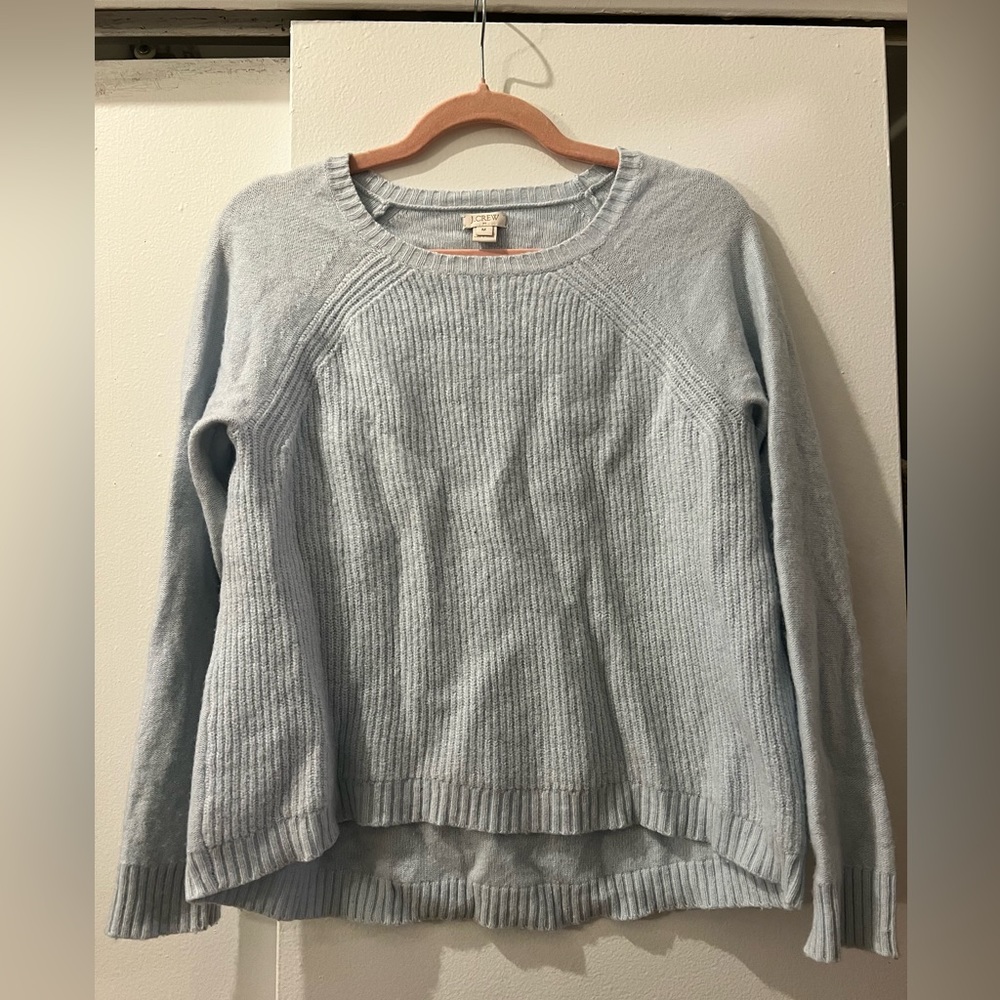 Baby blue J.Crew sweater with brown leather elbow patches
